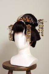 日本髪かつら高島田婚礼用古代のアンティーク簪付き